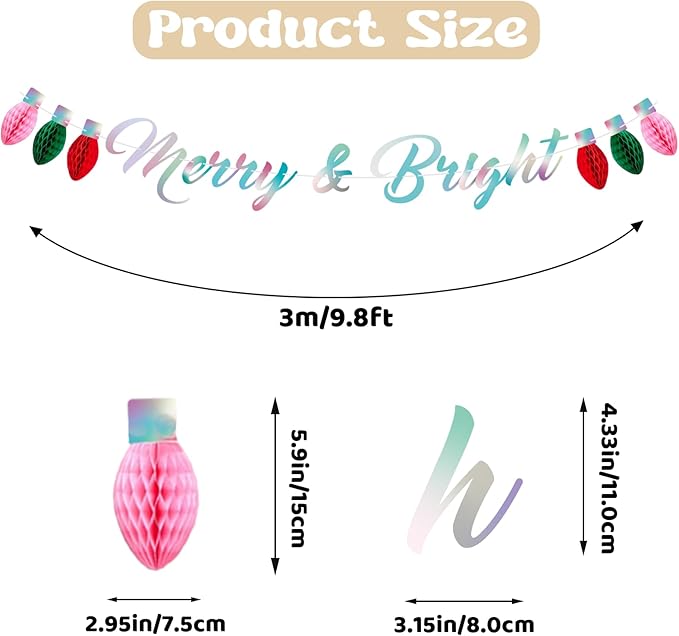 Christmas Banner, Pre-Strung Merry & Bright Banner Mantle Christmas Decor, Laser Xmas Wall Banners with Honeycomb Ball, Xmas Bunting for New Year Winter Fireplace Hanging Sign