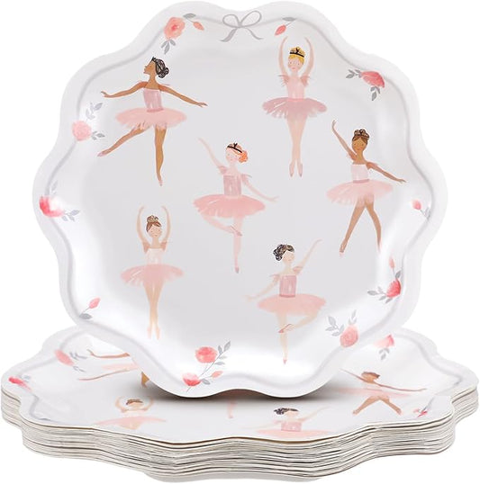 Qinyoung 25 Pack Ballerina Party Paper Plates Ballet Tutu Dancer Disposable 10.5 inch Dinner Plates with Scalloped Trim for Ballet Wedding Baby Shower Birthday Party Decorations (Print,White)