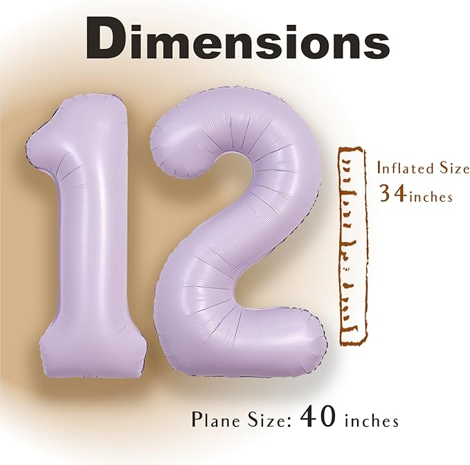 SUWEN 40 Inch Light Purple Large 12 Balloon Number Big Foil Helium Lavender Number Balloons Huge Mylar 0-9 Giant Jumbo Happy 12th Birthday Party Anniversary Decorations