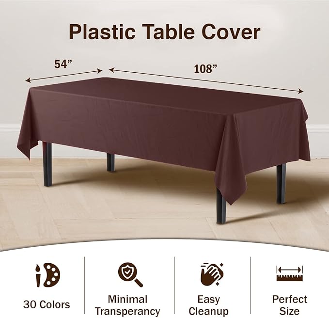 Exquisite Party Solids 6-Pack Premium Plastic Tablecloth 54in. X 108in. Rectangle Plastic Table Cover - Brown