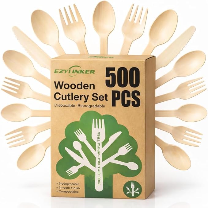 500 Pack Wooden Cutlery Set [200 Forks, 200 Spoons, 100 Knives] – Alternative to Plastic, Eco-Friendly Disposable Utensils, Biodegradable & Compostable – 100% Plastic-Free Party & Catering Supplies