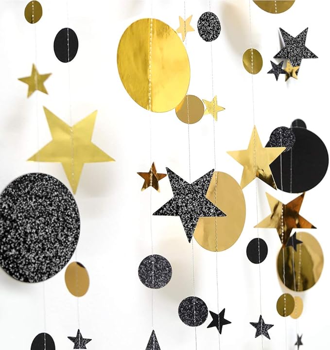 Cheerland Black and Gold Party Decorations Star Garlands Gold Black Birthday Decorations Hanging Star Streamers Graduation Decor NYE New Year Eid Ramadan Galaxy Starry Night Party Supplies