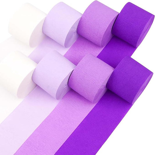 8 Purple Streamers Rolls, 656ft Pack of Purple Crepe Paper with White for Party Decorations, Birthday Decorations, Party Streamers (1.8 inch x 82 ft/Roll)