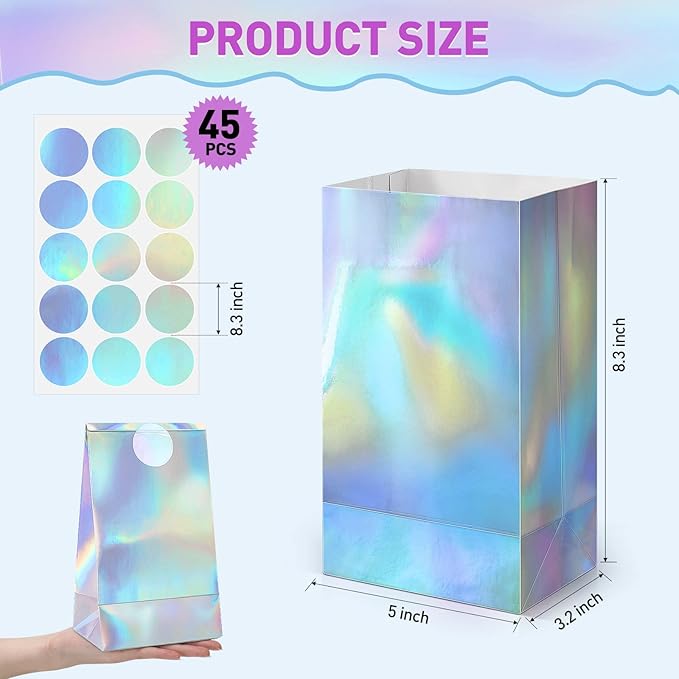 Estune 30 Pcs Iridescent Party Favor Bags with Stickers Holographic Paper Gift Bags 8. 3 x 5 x 3 Inch Reusable Glitter Foil Goodie Candy Handbag for Baby Shower Wedding Birthday Party Supplies
