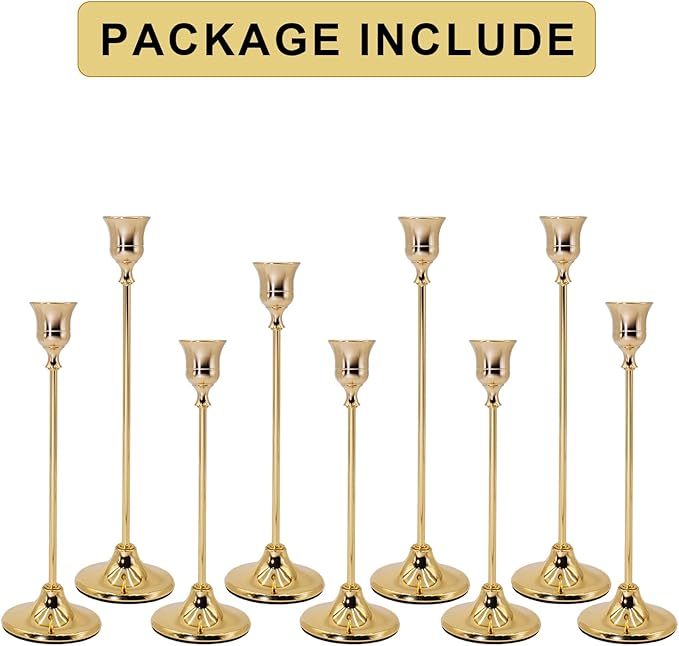 Candlestick Holders 9PCS, Metal Taper Candle Holder, Gold Vintage Candle Holders for Pillar Candles, Table Mantel Wedding Festive Decor Party Party Decor Christmas Decorations