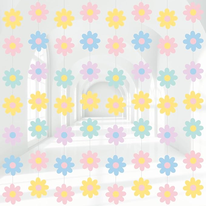 Pasimy 8 Pcs Daisy Boho Party Decorations Groovy Daisy Paper Garlands White Flower Hanging Garland Banner Hippie Flower Cutouts for Birthday Shower Wedding Party Favor Supplies(Groovy,Pastel)