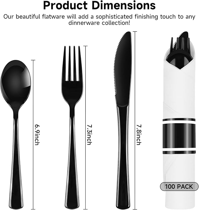 100 Pack Pre Rolled Disposable Utensils, Black Heavy Duty Cutlery Set Disposable Plastic Flatware, Including Forks, Knives, Spoons and Napkins for Parties, Weddings, Dinners & Events