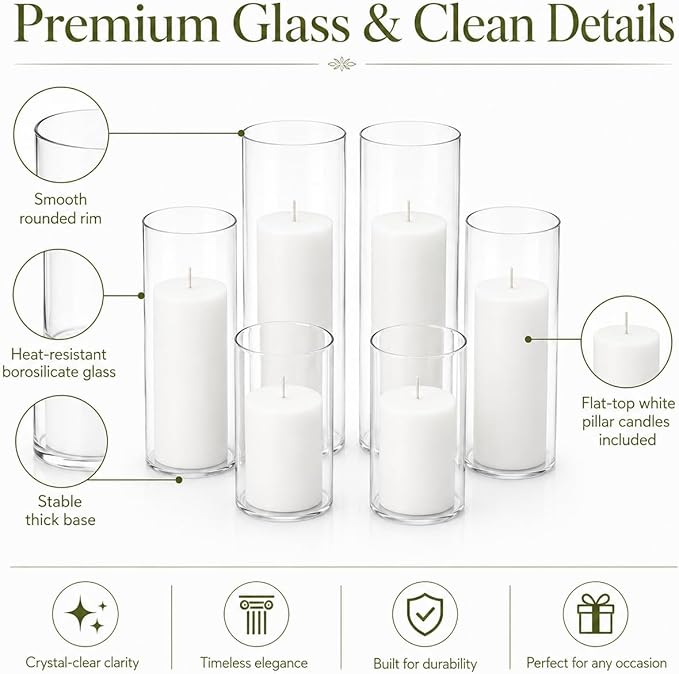 Set of 6 White Pillar Candles with Clear Glass Hurricane Holders- Elegant Cylinder Candle Vases for Weddings, Parties, Centerpieces, Home & Office Decor (White, 6 Set)