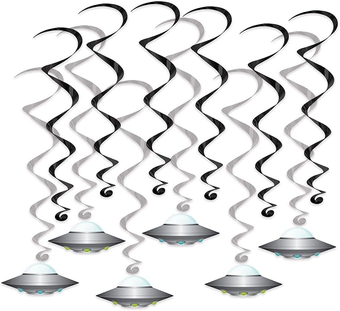 Beistle Flying Saucer Whirls – 24 Pack, Black & Silver Hanging Swirl Decorations with UFO Cutouts, Space-Themed Ceiling Décor for Alien Parties, Sci-Fi Events & Cosmic Galaxy Celebrations, 17½"–25"