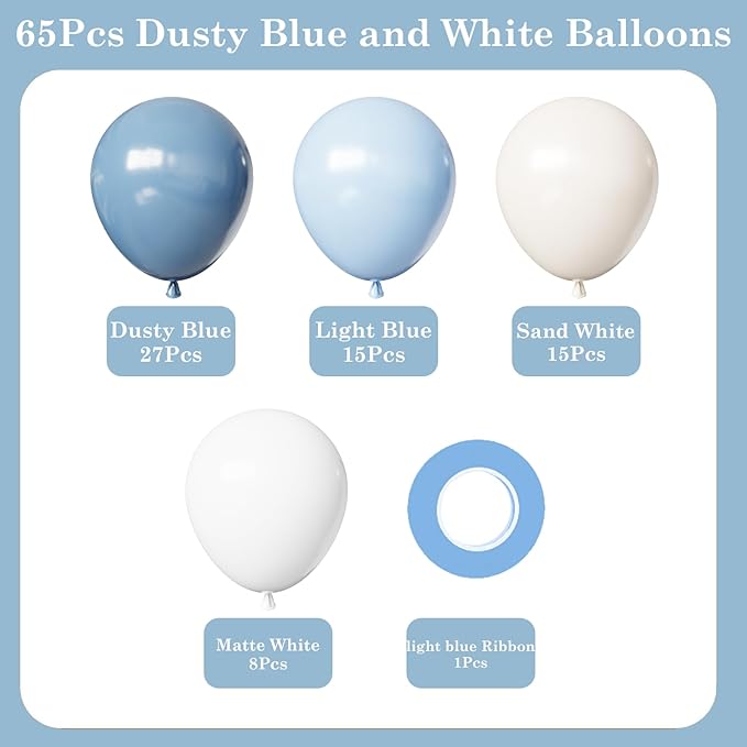 Dusty Blue Balloons, 65Pcs Light Blue Balloons 12Inch Baby Blue and White Balloons for Baby Shower Gender Reveal Birthday Wedding Thick & Durable