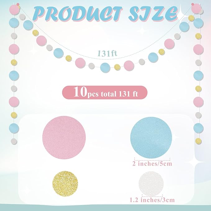 Outus 10 Pieces Pink,Blue,Gold,White Round Dots Garland Graduation Party Hanging Decor Each Length 13.1ft Glitter Paper Dot Streamers for Birthday Wedding Classroom Supplies