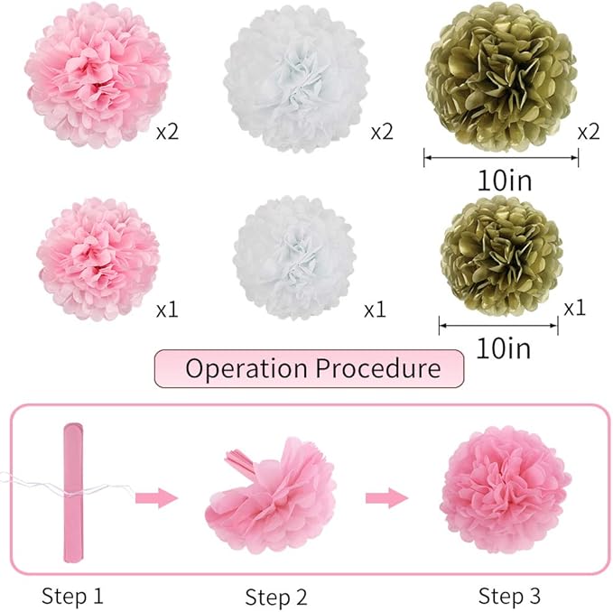 Pink and Gold Party Decorations, Pink Gold Paper Lanterns and Pom Poms Flowers for Birthday Baby Showers Engagement Tea Party Decor 15 Pieces