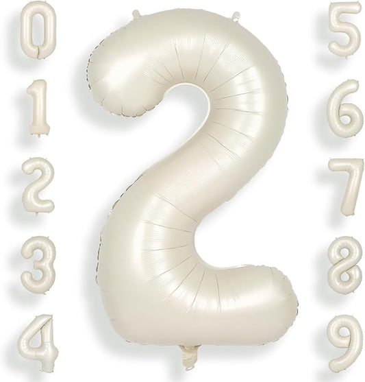 SUWEN 40 Inch Cream White Large 2 Number Balloons Big Foil Helium Number Balloons 0-9 Jumbo Happy 2nd Mylar Birthday Party Decorations for Boy or Girl Anniversary Party Supplies
