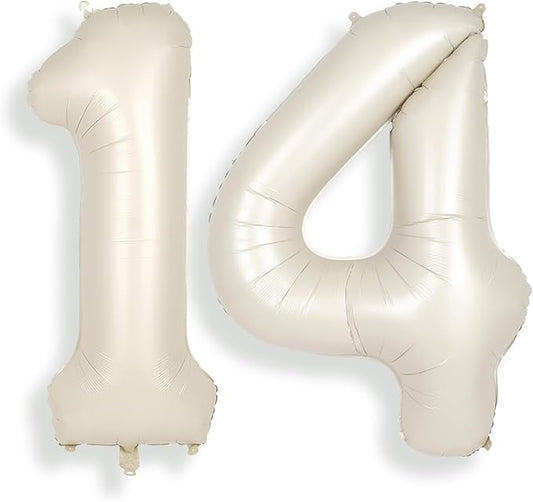 SUWEN 40 Inch Cream White Large 14 Number Balloons Big Foil Helium Number Balloons 0-9 Jumbo Happy 14th Mylar Birthday Party Decorations for Boy or Girl 41 Anniversary Party Supplies
