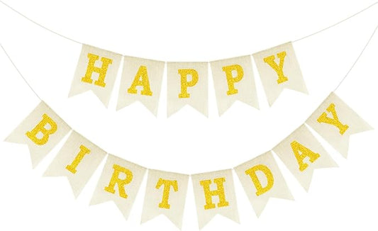 Anwyll Happy Birthday Banner - NO DIY Burlap Happy Birthday Banner Sign Happy Birthdays Party Decoration Happy Birthdays Banners Bunting for Women Men Girl Boy Celebration Party Backdrop(Glitter Gold)
