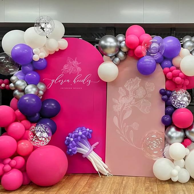 MEBAY Hot Pink Purple Silver Baloon Garland Arch Kit, 146Pcs Latex Balloons Different Sizes 18 12 10 5 inch for Women Girls Birthday Baby Shower Wedding Party Decorations
