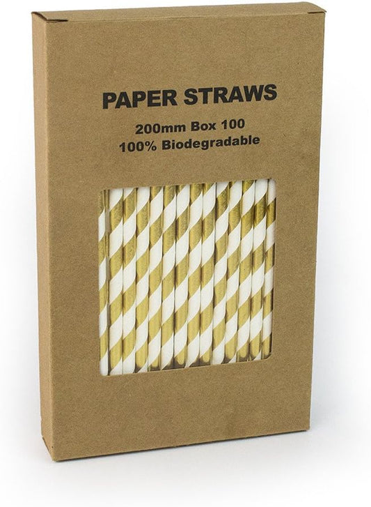 Gold Foil Striped Paper Straws Bulk, Shiny Metallic Golden Paper Drinking Straws for Wedding 1st Birthday Party Holiday Christmas Anniversary New Year, Cake Pop Sticks(Gold Foil Stripe, 100)