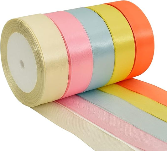 TONIFUL 1 Inch x 125 Yards 5 Colors Satin Ribbon Rolls, Light Rainbow Candy Macaron Color Fabric Ribbon for Gift Wrapping Embellish Wedding Birthday Party Decoration Bow Making Floral Craft Sewing