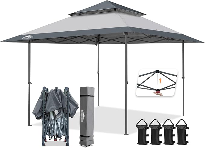 EAGLE PEAK 13x13 Straight Leg Pop Up Canopy Tent Instant Outdoor Canopy Easy Single Person Set up Folding Shelter w/Auto Extending Eaves 169 Square Feet of Shade (Light Gray)