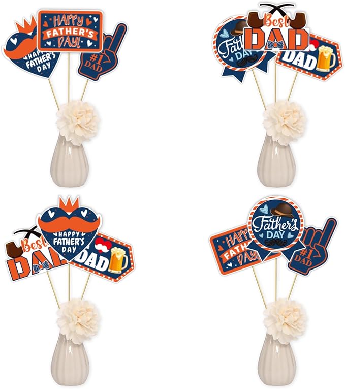 Happy Father's Day Party Vase & Tabletop Decor Cut-Out Cards - Happy Father's Day Double-Sided Printed Table Centerpieces - Father's Day Themed Party Essential Decorations (Set of 12 Pieces)