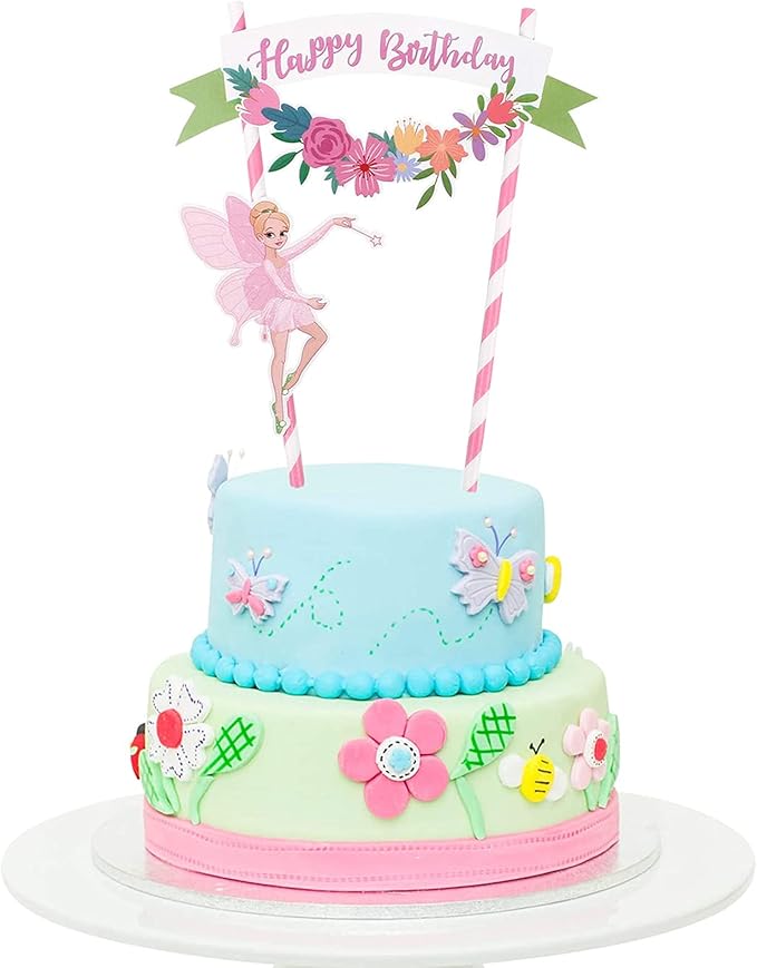 Pink Flower Fairy Happy Birthday Cake Topper Banner pre-assembled Cake Decorating Pennant Flag Banner Perfect for Wedding, Baby Shower, Tea Party