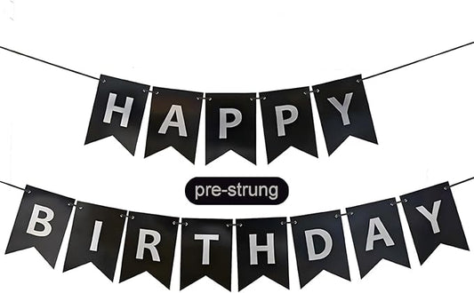Black Happy Birthday Banner,Pre-Strung Black and Silver Birthday Party Decorations,16ft Hanging Sign for Kids, Girls, Boys, Women – No DIY, Backdrop Supplies