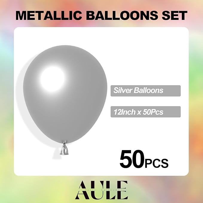 AULE Party Balloons 50 Pcs 12 inch Silver Metallic Chrome Helium Shiny Latex Thicken Balloon Perfect Decoration for Wedding Birthday Baby Shower Graduation Christmas Carnival