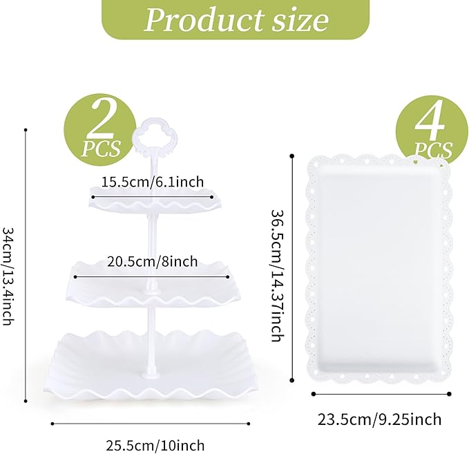6 Pcs Dessert Table Display Set - 2 X Cupcake Stand Holder/Cup Cake Tier Tower & 4 X Serving Tray Combo for Tea Party, Birthday, Baby Shower (Square Pure White)