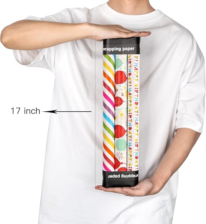 MAYPLUSS Birthday Wrapping Paper Roll - Mini Roll -17in x 120in Per roll - Red Balloon Stripes,Happy Birthday Lettering (42.3 sqft) for Party,Girl,Baby Shower,Boy Wedding, All Occassions