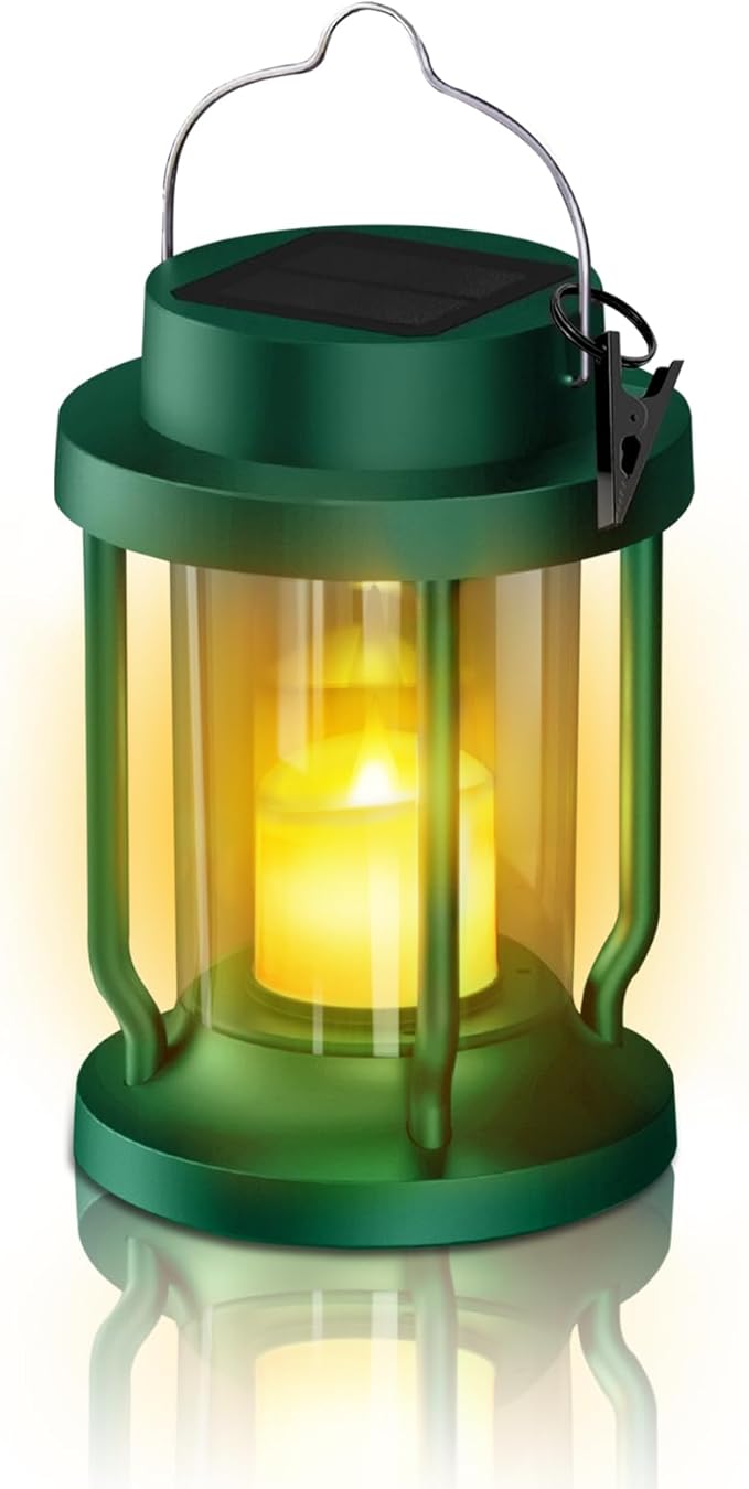 Solar Lantern Outdoor & Indoor Use – Hanging Solar Lights with Realistic Flickering Flameless Candle, Weatherproof for Gardens, Patios, Trees, and Lawns (Green, 1 Pack)