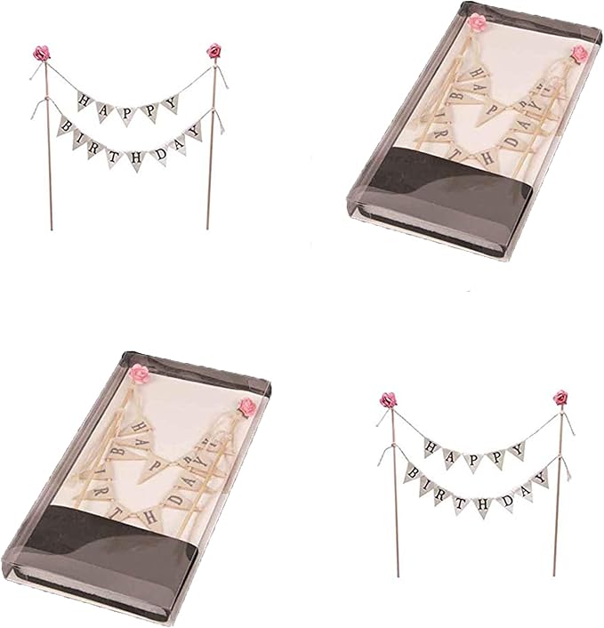 Happy Birthday Cake Bunting Topper Cake Topper Garland, Handmade Pennant Flags with Wood Pole Ivory (With Pink Rose)