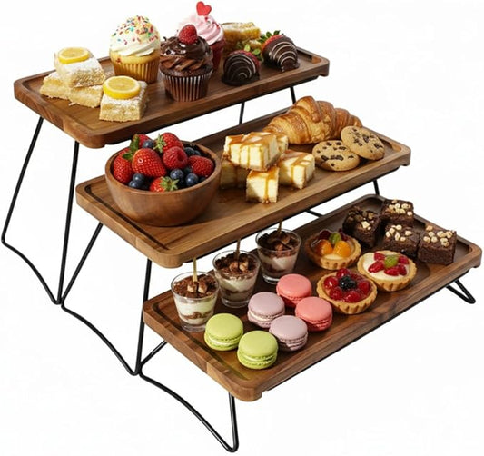 Oaklyn Rust Proof 3 Tier Wooden Cupcake Stand of Acacia Wood | Eco Friendly Tiered Tray Stand with Wooden Serving Trays & Platters for Party, Decor & Birthdays | 3 Tier Serving Tray Dessert Stands