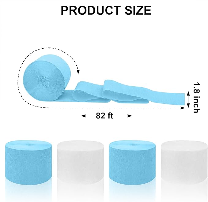 4 Crepe Paper Streamers Rolls, 328ft Pack of Blue and White Crepe Paper for Boys Birthday Bachelorette Party Bridal Baby Shower Winter Holiday Party Decorations Supplies (1.8 inch x 82 ft/Roll)