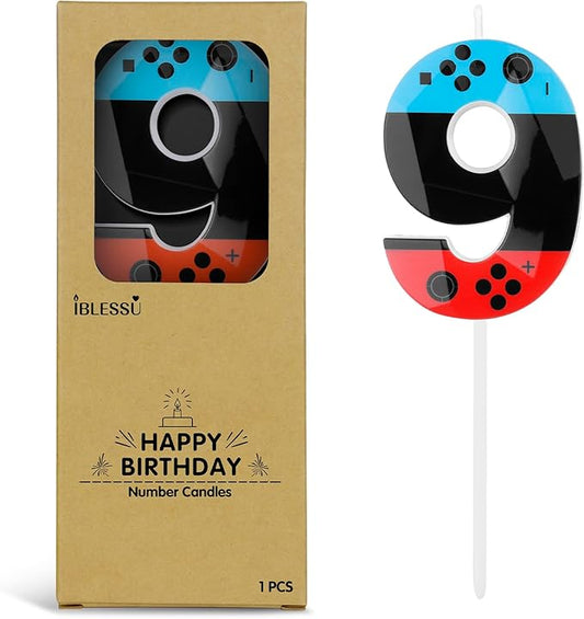 Number 9 Level Birthday Candles, 2.68 inch Gamer Candles, Red Blue Birthday Candles, Game Controller Gamepad Candles,Video Game Controller Themed Kids Boy Girl Party Supplies