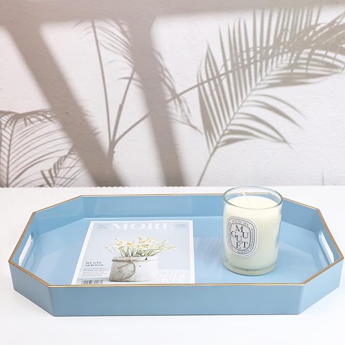 Spsyrine Blue Plastic Serving Tray for Ottoman, Coffee Table, Octagon Decorative Tray for Entertaining, Outdoor, Living Room, Home Decor
