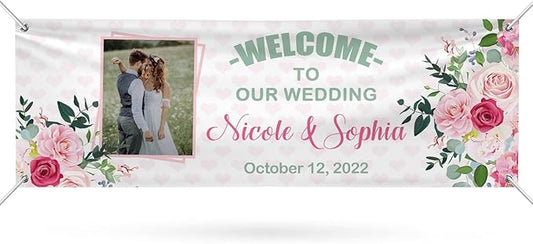 Personalized Wedding Congratulations Banners and Signs Customize Outdoor with Name Photo Date Custom Wedding Welcome Sign for Reception Party Ceremony 6'x2'