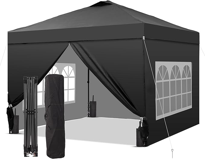 GDY 10x10 Pop Up Canopy Tent with 4 Sidewalls, Easy Set up with One Push Lift Outdoor Silver Coated Beach Gazebos, Carpas with 4 Sandbags, for Events, Parties,Camping, Black.