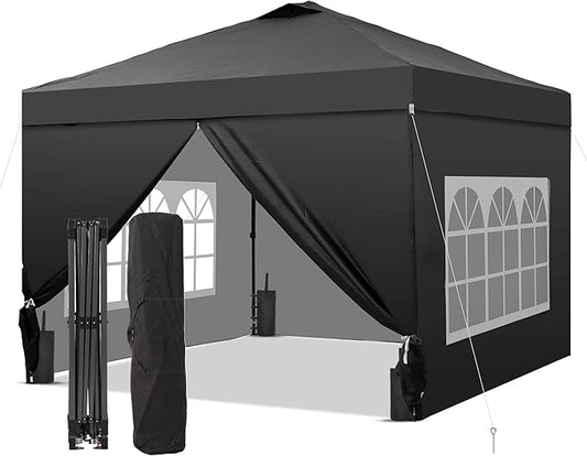 GDY 10x10 Pop Up Canopy Tent with 4 Sidewalls, Easy Set up with One Push Lift Outdoor Silver Coated Beach Gazebos, Carpas with 4 Sandbags, for Events, Parties,Camping, Black.