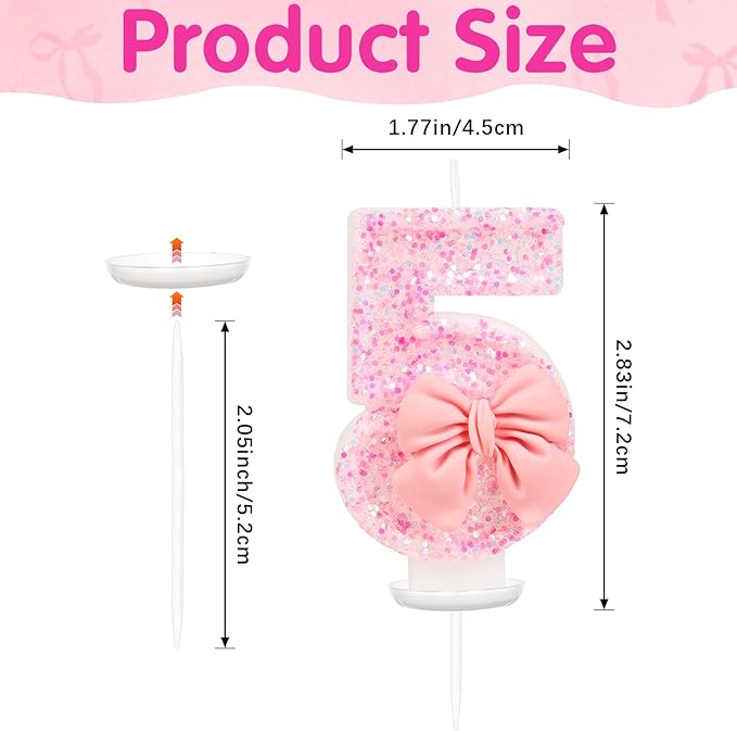 Number 5 Birthday Candle, Pink Bow Birthday Candles, Glitter Candle Cake Topper, Happy Birthday Cake Decoration Gifts, Anniversary Party Supplies for Girl