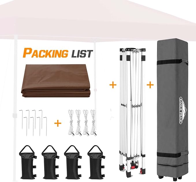 EAGLE PEAK Pop Up Canopy Tent with Wheeled Carry Bag, 8 Stakes, 4 Ropes, 4 Weight Bags, Easy Set Up Tent Canopy, 10x10 ft, 100sqft of Shade, Dark Brown