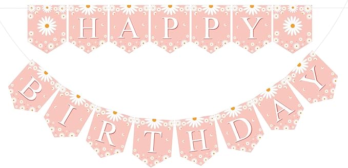 ZHENGYE Pink Daisy Happy Birthday Banner Flower Party Decorations Daisy Theme Party Kids Birthday Party Décor Supplies