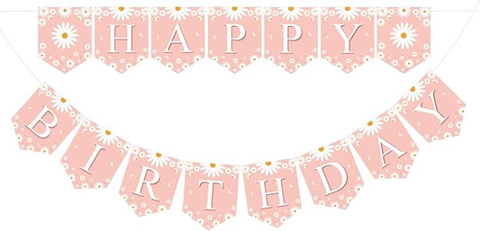 ZHENGYE Pink Daisy Happy Birthday Banner Flower Party Decorations Daisy Theme Party Kids Birthday Party Décor Supplies
