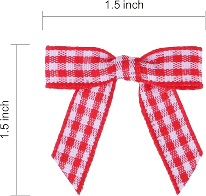 Meseey 100 Pcs 1.5 Inches Premade Craft Bows Self Adhesive Red and White Plaid Satin Ribbon Bows for Treat Bags Gift Wrapping Basket Wedding Baby Shower Brithday Party(Red and White Plaid)