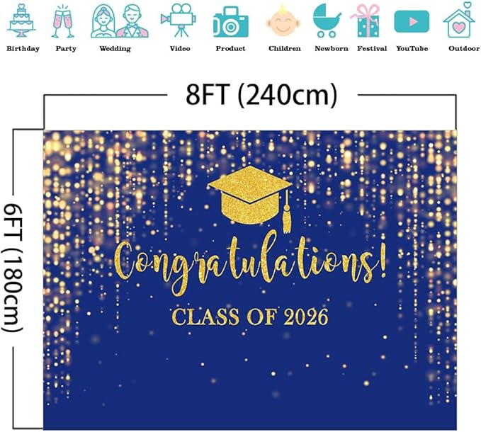Mocsicka Class of 2026 Backdrop Blue Gold Glitter Bokeh Graduation Party Background 2026 Congrats Grad Prom Party Cake Table Decoration Photo Booth Props (8x6ft)
