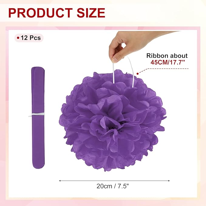 PATIKIL 8inch Tissue Paper Pom Poms, 12PCS Pom Poms Paper Flowers Ball Tissue Paper Flowers for Wedding Bridal Shower Birthday Bachelorette Party Backdrop Decoration, Dark Purple