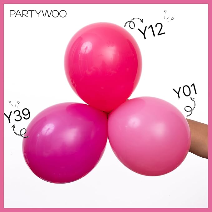PartyWoo Hot Pink Balloon Arch Kit Garland 142pcs Different Sizes of 18 12 10 5 Inch Magenta Fuchsia Light Baby Pastel Pale Pearl Metallic Pink Balloons for Baby Shower Birthday Party Decorations