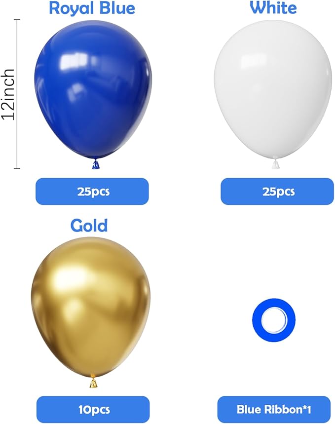 Hiquaty Blue and Gold Balloons,60pcs Royal Blue Balloons,12 Inch Blue and White Balloons with Blue Ribbon for New Year Party Wedding Bridal Shower Decorations