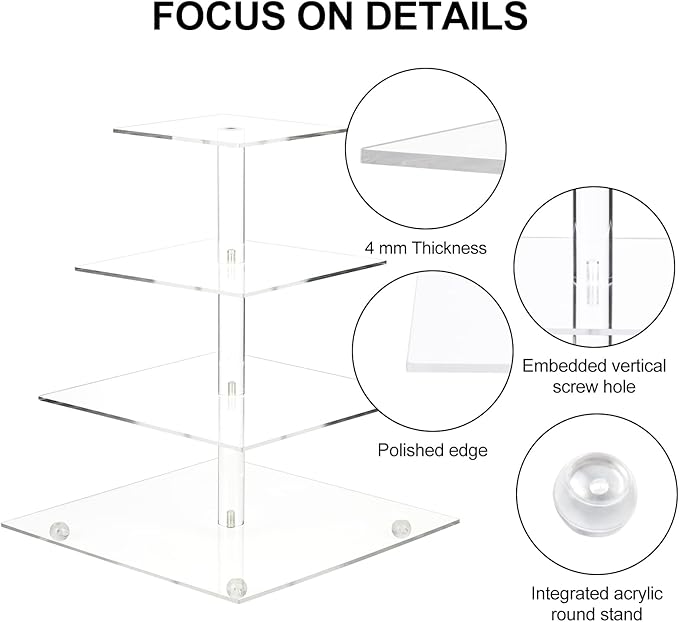 AMEITECH Cupcake Stand with Base, 4-Tier Square Acrylic Cupcake Display Stand Dessert Tower Pastry Stand Premium Cupcake Holder for Wedding Birthday Theme Party - Transparent