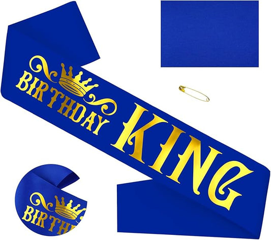 Birthday King Sash, Funny Royal Blue Satin Sash with Gold Foil Lettering Birthday Sashes for Boys or Men 10th 13th 16th 18th 21st 30th 40th 50th 60th or Any Birthday Party Supplies Gifts Favors.
