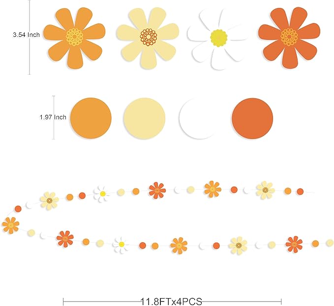 47.2 Ft Groovy Party Decorations Boho Daisy Polka Dot Garland Streamer Ombre Orange Daisy Banner Cutouts for Birthday Baby Shower Wedding Bridal Shower Spring Summer Fall Retro Hippie Decor Supplies